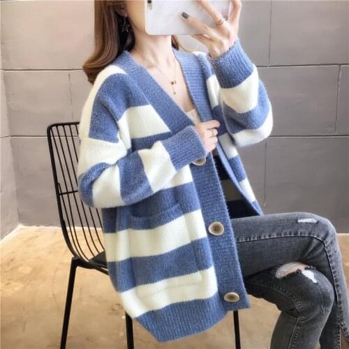 Mink Fleece Sweater Women Clothes 2021 New Spring Autumn Korean Style Single-Breasted V-Neck Knitted Cardigan Top Female G1172