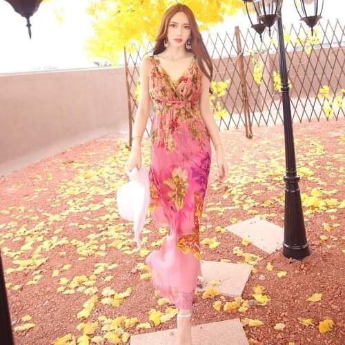 V Sexy Neck Dress Women Long Beach Summer Dress Print Floral Pink Dresses Party Maxi Silk Dresses Boho Vestidos LWL26602