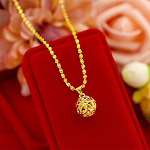 Pure Yellow Gold Color Necklaces for Women Hollow Ball Pendant Necklace Collier Choker Wedding Bridal Jewelry Accessories Bijoux