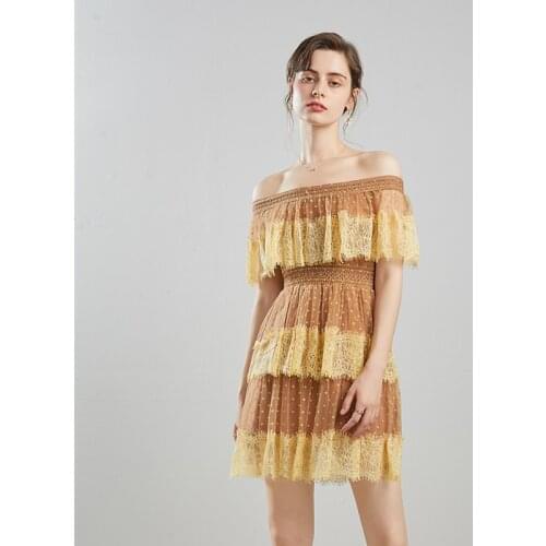 2020 New Summer Women Runway Self Portrait Dress Dots Pattern Mesh Lace Patchwork Slash Neck Off Shoulder Sexy Slim Mini Dress