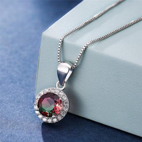 Female Multicolor Crystal Round Pendant Rainbow Zircon Necklaces For Women Vintage Fashion Gradient Stone Silver Color Necklace