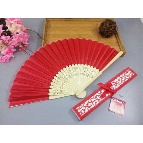 Free shipping 100Sets/Lot Personalized printing name &date Luxurious Silk hand Fan in Elegant Laser-Cut Gift Box as wedding Gift
