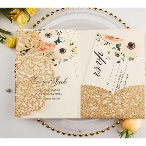 Free shipping 100X Luxury glitter gold wedding invitations envelope personalized inserts rose laser cutting pocket fold invite