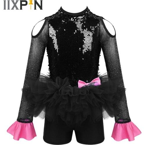 Sequins Jazz Costume Ballet Leotard Girls Shiny Tulle Long Sleeves Cutout on Shoulders Back Bowknot Tutu Dress Lyrical Jumpsuit