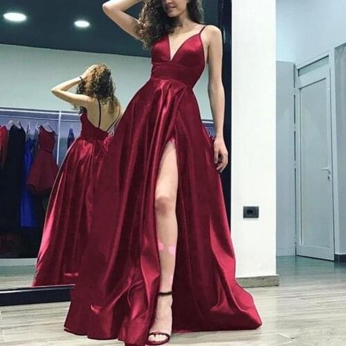 Burgundy V-Neck Spaghetti Straps Floor Length A-Line Side Slit Satin Evening Dresses Simple Style Women Prom Gowns