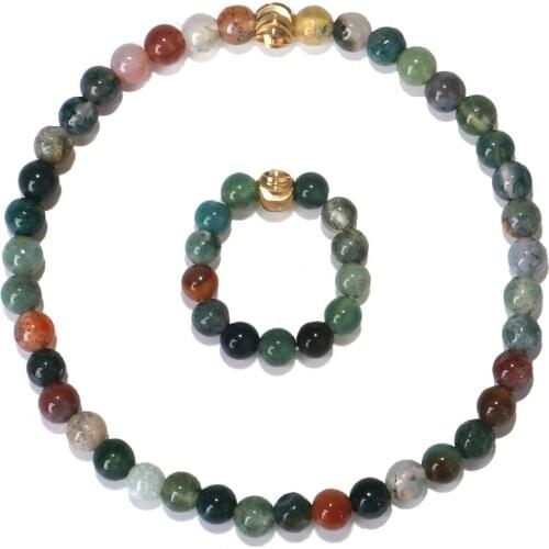 3MM Natural Stone Bead Bracelet Aquatic Stone With Bronze Flower Bead Bracelet Ring Jewelry Set