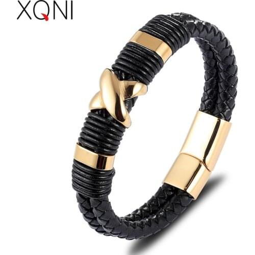 XQNI 2019 New Classic Style Fashion Jewelry With "X"Pattern & Skeleton Genuine Leather Bracelet Accessories Bangle For Men Gift
