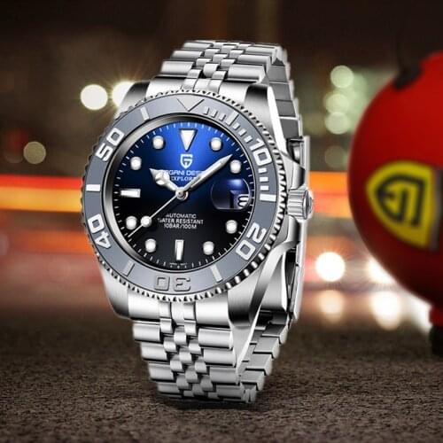 PAGANI DESIGN Mens Automatic 100M Waterproof Watch Luxury Sapphire Glass Mechanical Watch Stainless Steel Sports Diving Watch