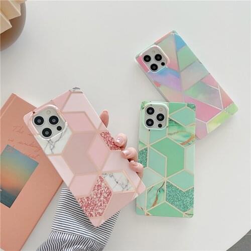 Rhombus Marble Phnom Penh Stitching Phone case For iphone 12 11 pro max 8 7 plus Xs max XR X Right angle square soft shell cover