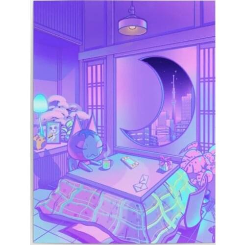 Home Decor Purple Sleep Cat Canvas Painting Prints Moon Shaped Window Pictures Wall Art Modular City Night View Poster Bedroom