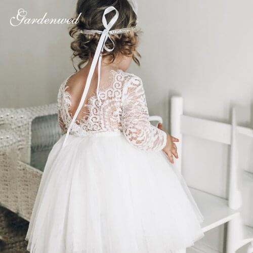 Cute Ivory Lace Flower Girl Dresses O-Neck Long Sleeves First Communion Dresses Illusion Back Short Tulle Baby Girl Party Dress