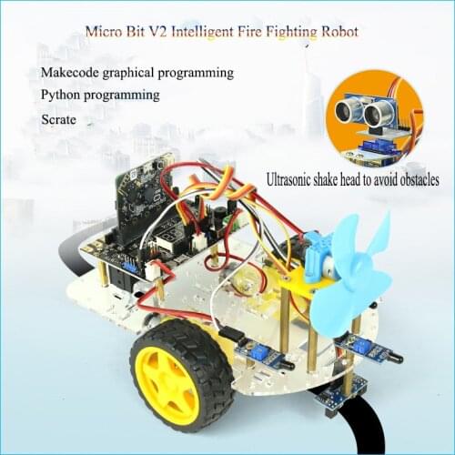 Microbit Intelligent Fire Fighting Robot Teenage Python Graphical Programming Ultrasonic Obstacle Avoidance Shaking Head