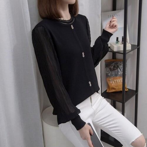 Fashion Korean Plus Size Womens Autumn Blouse Knitted Tops 2021 New Loose All-Match Sweater Bottoming Shirt Spliced Jumper M39