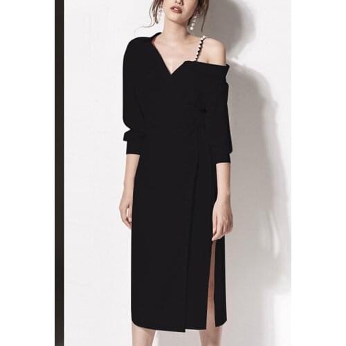 2019 new noble dress slim strapless dress female long sleeve Irregular collar sexy solid dresses women autumn fashion Dress
