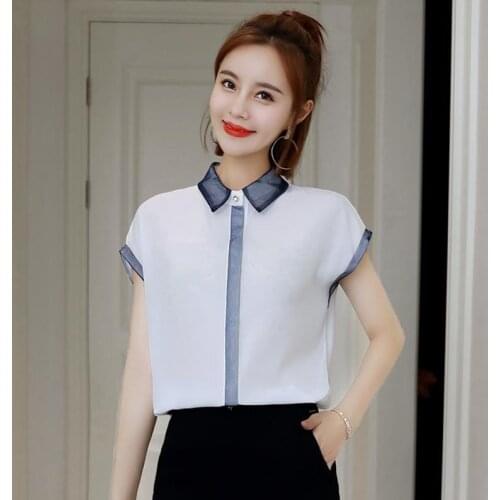 Office Work Wear OL Style Women Summer Chiffon Blouses Shirts Lady Casual Short Sleeve Blusas Tops DF2727