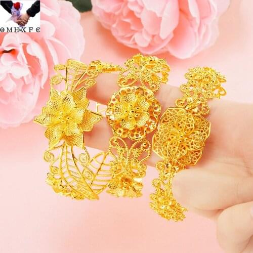 OMHXFC Wholesale BE502 European Fashion Fine Hot Woman Girl Party Birthday Wedding Gift Vintage Flower 24KT Gold Bracelet Bangle
