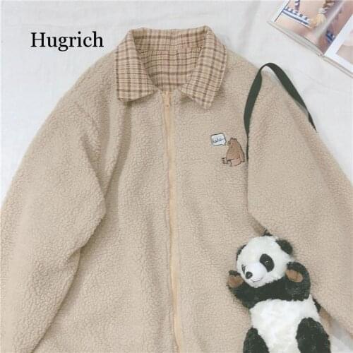 Lamb Wool Coat Bear Embroidery Cute Women Student Thicken Plaid Jacket Small Fresh Loose Long Sleeve Outer Wear Tops