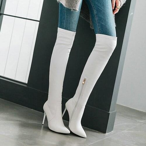 Sexy Women Stretch Boots Fashion Skinny Thin High Heel Pointed Toe Ladies Over the Knee Boots Winter Boots Black White Long Boot
