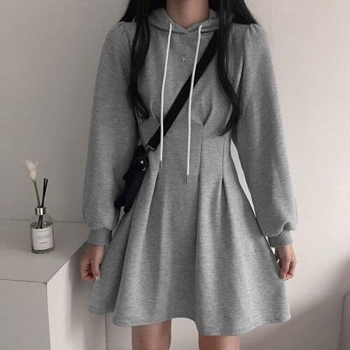Casual Gray Pleated Drawstring Y2K Hoodie Dress Mini Dresses Women Chic 2021Long Sleeve High Waist Female Short Black Sundresses