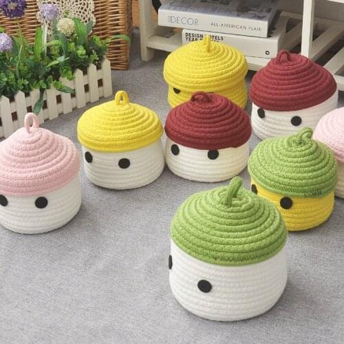 Hand Woven Cotton Thread Desktop Sundries Storage Basket With Cover Snack Hairpin Key Toy Cosmetics Candy Storage Organizer