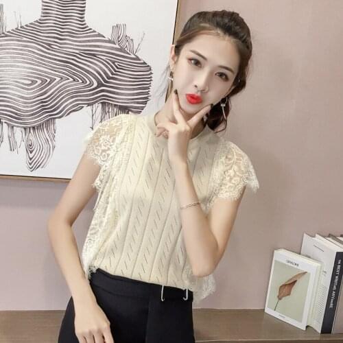 Sanishroly 2018 New Autumn Women Knitted Solid Lace Patchwork Knitwear Ladies Short Sleeve Sweater Pullovers Bottoming Tops S198