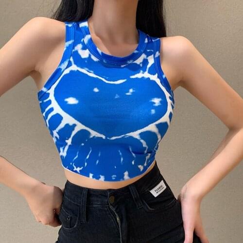 Casual Summer Women Tank Top Sleeveless Crew Neck Heart Tie Dye Print Slim Fit Camis Top Streetwear