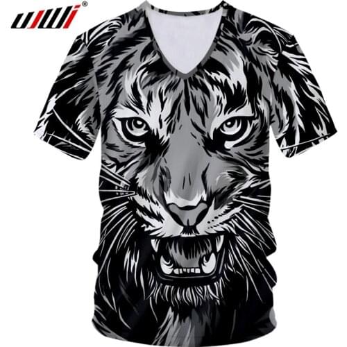 UJWI Man Casual V Neck T-shirt 3D Printed Tiger Pattern Unisex Wholesale Oversized Mens Black White Funny Animal Tshirt