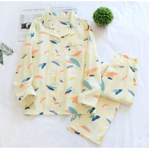 Spring Cotton Women Pajamas Long Sleeves Pajama Set Lapel Print Sleepwear Gauze Loose Lounge Wear Two Piece Thin Home Clothing