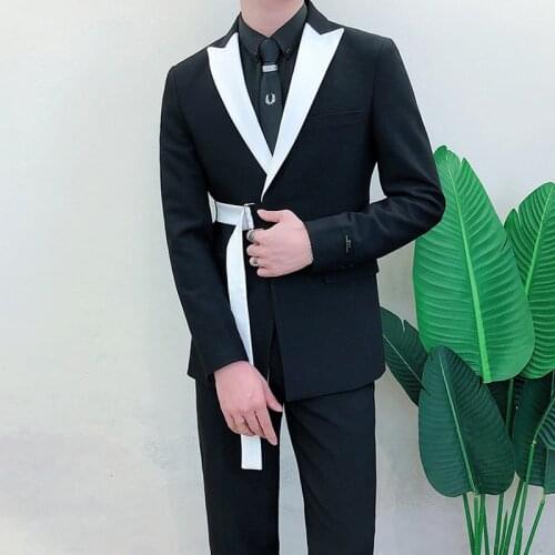 2021 Ternos Masculino Spring Long Sleeve Belt Decoration Man Suit Korean Groom Men Suit Slim Fit Weave Bring Full Dress Suit Man