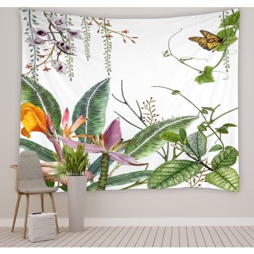 Green Leaf Tapestry Tropical Plants Leaves Flower Butterfly Pattern Polyester Fabric Living Room Bedroom Dormitory Bedside Decor