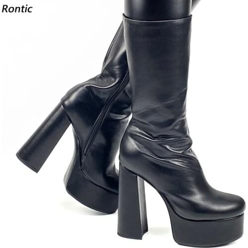Rontic Women Winter Mid Calf Boots Waterproof Faux Leather Zipper Hoof Heels Round Toe Elegant Black Party Shoes US Size 5-15