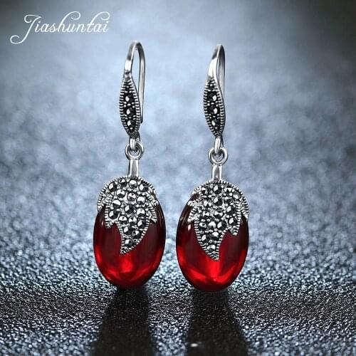 JIASHUNTAI Vintage Red Gemstone Garnet Earrings Retro 100% 925 Sterling Silver Earrings For Women Jewelry Female