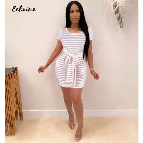 Echoine Women Summer Casual Waist Tie up Stripe Pink Dress Slim Round Neck Short Sleeve T shirt