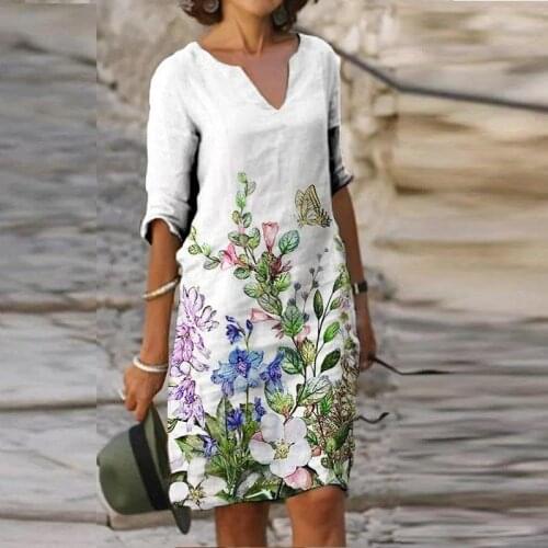 Women Vintage Dress Summer Flower Print Half Sleeve Midi Dresses Casual V-Neck A-Line Large Sizes Ladies Vestidos Plus Size