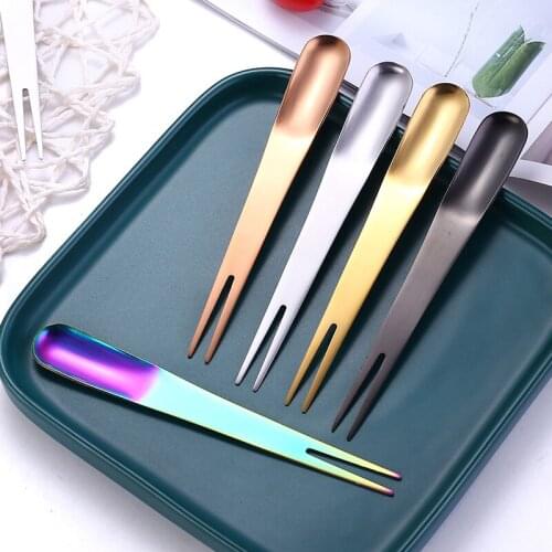 2pcs 2 in1 Fruit Fork Stainless Steel Dessert Spoon Multifunctional For Kids Food Picks Party West Restaurant Kitchen Supplies