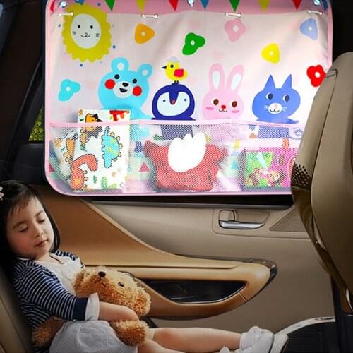 Cute Cartoon Car Curtain Rear Side Window Sunshades Curtains Anti-UV Protector Cover with Storage Net Car Accessories for Kids