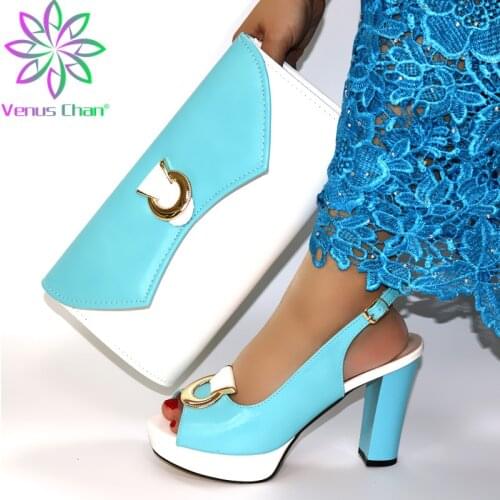 Sky Blue Color New Arrival Mature African Matching Sandals and Purse Set for Wedding Woman Nigerian Shoes and Bag Set