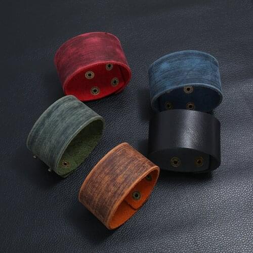 Genuine Leather Punk Men Bracelet Simple Fashion Flat Leather Cuff Bangle Jewelry Black Brown Blue Green Red Jewelry Gift Men