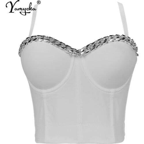 Sexy Solid white Chain bustier corset crop top women summer Party halter tank y2k top Push Up bra clubwear Cropped womens tops