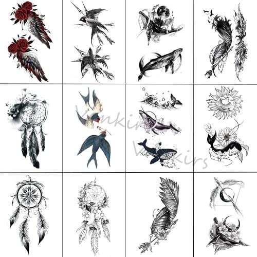 Black Dream Catcher Temporary Tattoos For Women Adults Realistic Feather Whale Birds Fake Tattoo Sticker Arm Back Tatoos