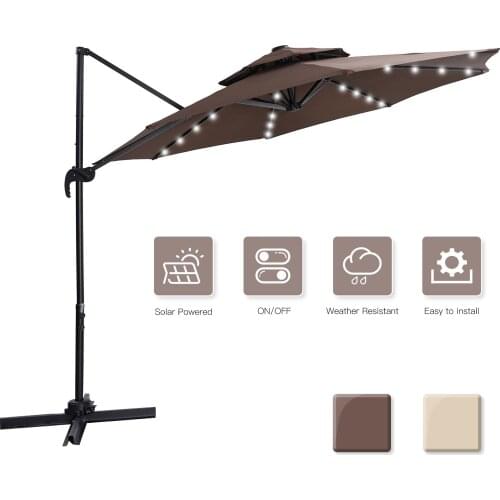 Colgante para exteriores sombrilla Cantilever de 10 pies, elevador de abrir de acero de 360 grados con 32 luces LED