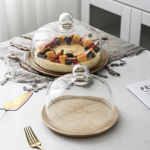 Solid Wood Stand Wooden Cake Plate Wedding Party Plates Glass Cover Dessert Table Display Stand Tray Home Kitchen Appliance