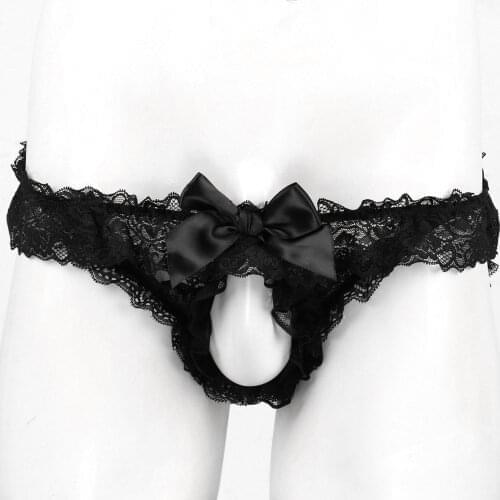 Gay Sexy Penis Hole Underwear Men Sissy Panties Ruffled Frilly Lace Lingerie Low Rise Crotchless Open But Jockstrap Briefs