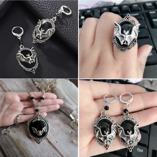 Gothic Bat Pendant Punk Necklace Ring Earrings Cameo Choker Halloween Jewelry