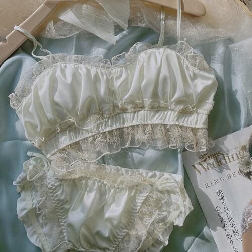 Bra set without steel ring thin summer bra girl suit female lace sweet cute lingerie sets retro satin tube top bras nightgown