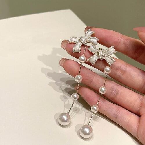 Fashion Bowknot Pearls Long Earrings For Women Korean Style Delicate New Jewelry Brincos Wholesale
