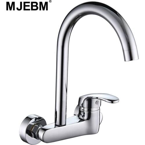 MJEBM Wall Mounted Kitchen Faucet Hot & Cold Water Mixer 360 Degree Rotation Brass Basin Faucets Ceramic Plate Spool Water Tap
