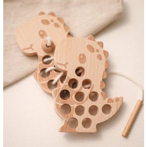 2021 New Baby Wooden Montessori Educational Toys Dinosaur Threading Board DIY Handmade Wear Stitching Button Beads Kids Gifts