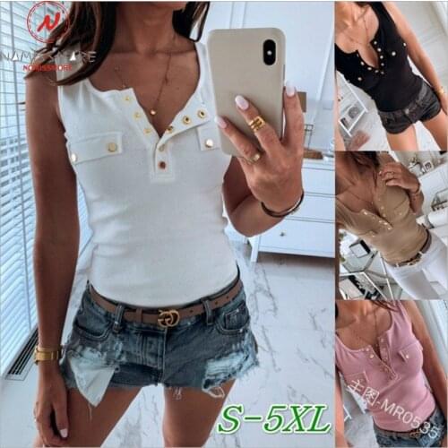 Sexy Women Solid Color Tanks Single-Breasted Design Button Decor O-Neck Sleeveless Summer Slim Pullovers Top