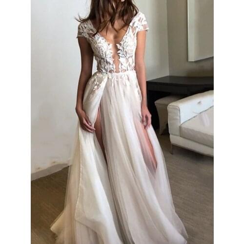 A-Line Wedding Dresses V Neck Floor Length Lace Tulle Short Sleeve Beach with Split Front wedding dress 2020